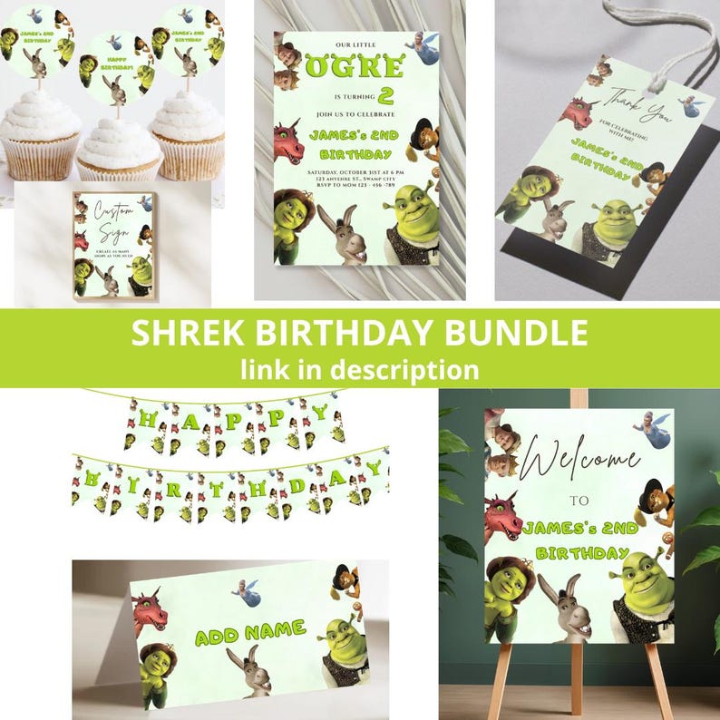 Shrek-verjaardagsuitnodiging, kleine boeman: bewerkbare canvassjabloon, bijpassende bundellink in beschrijving afbeelding 9