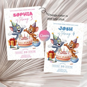 May include: Two birthday party invitations featuring Tom and Jerry cartoon characters. One invitation says "Sophia is turning 3" and the other says "Josh is turning 4". Both have a cake, gifts, and the text "Happy Birthday".