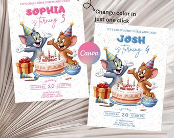 Editable Tom and Jerry Birthday Invitation, pink AND blue: Canva Template (2x)