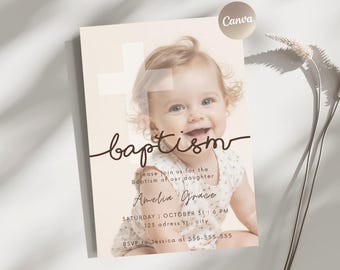 Christening Invitation Template, Baptism Photo Invite, Editable Canva Design (Digital Download)