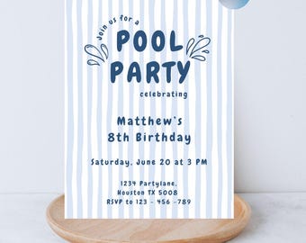 Pool Party Birthday Invitation Template, Kids Summer Party Invite (Digital Download)