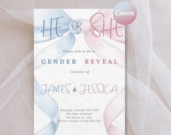 Pink & Blue Watercolor Gender Reveal Invitation with Bow (Canva Editable PDF)