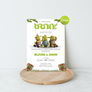 May include: A baby shower invitation featuring the text "Our Little Ogre is on the way!" with three cartoon ogre characters. The invitation includes the names Olivia & John, date, time, and RSVP information.