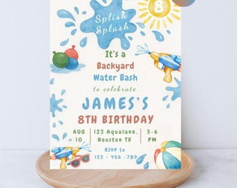 Splish Splash Pool Party Birthday Invitation, Editable Canva Template (Digital)