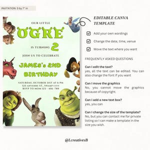 Op de afbeelding: Een groene en gele verjaardagsuitnodigingssjabloon, 12,7 cm x 17,8 cm, met Shrek-personages. De uitnodiging luidt "Our Little Ogre is Turning 2" en bevat details voor James' 2e verjaardag.