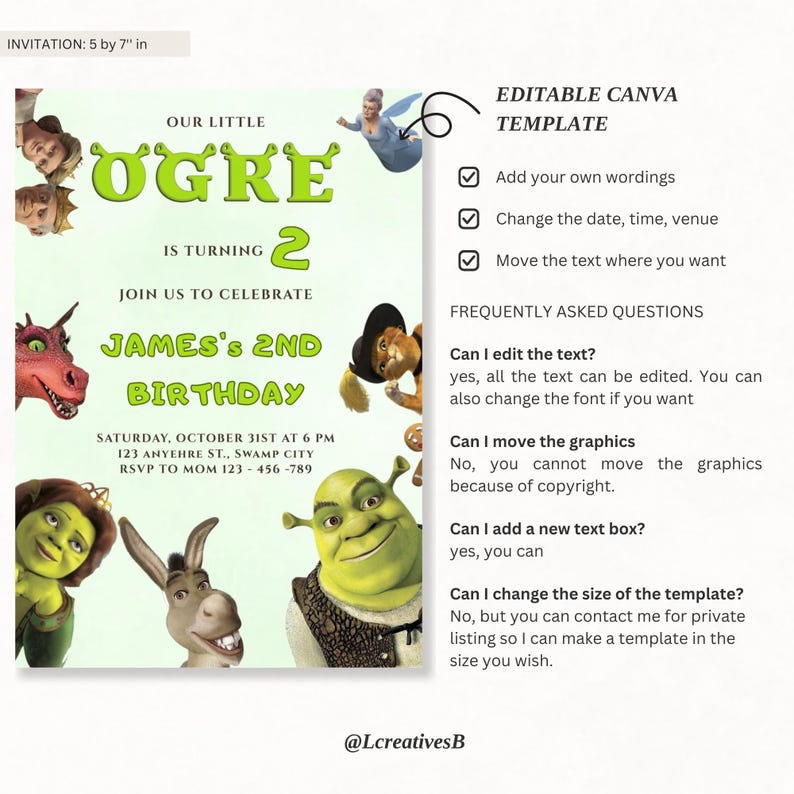 Op de afbeelding: Een groene en gele verjaardagsuitnodigingssjabloon, 12,7 cm x 17,8 cm, met Shrek-personages. De uitnodiging luidt "Our Little Ogre is Turning 2" en bevat details voor James' 2e verjaardag.