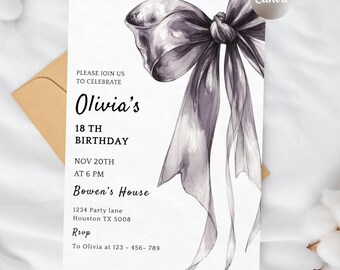 Editable Black Bow Birthday Invitation, Black Ribbon Coquette, Canva Digital Template