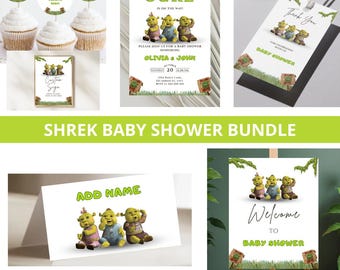 Shrek Baby Shower Invitation Bundle, Party Decoration, EDITABLE CANVA Instant Digital