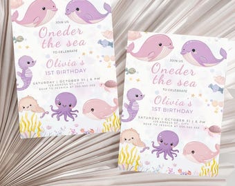 Oneder the Sea Birthday Invitation, Ocean Animals, Pink, Editable Template (Digital Download)