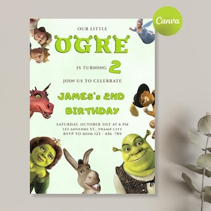 May include: A green and white birthday party invitation featuring the word "OGRE" in large, green letters. The invitation includes the text "James's 2nd Birthday" and the date, time, and location. Shrek characters are featured in the design.