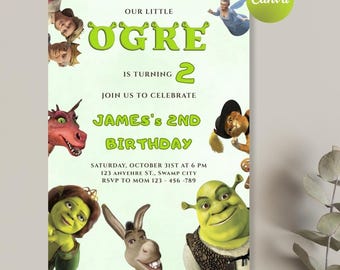 Shrek Birthday Invitation, little ogre: Editable Canva Template, matching bundle link in description