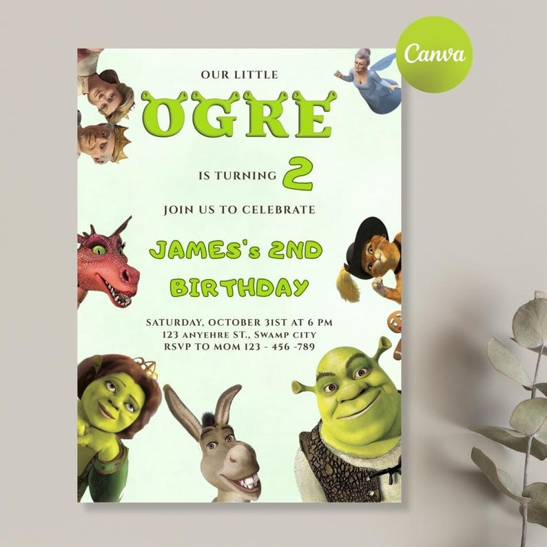 Shrek Birthday Invitation, little ogre: Editable Canva Template