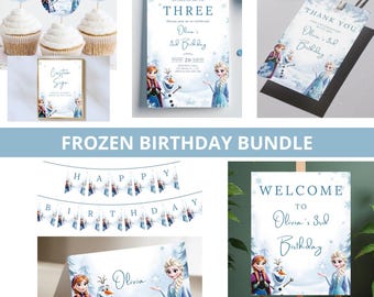 Frozen Birthday Invitation Bundle, Party Decoration, EDITABLE CANVA Instant Digital