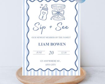 Sip and See Invitation, Blue Newborn Invite Template, Canva Editable Template