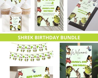 Shrek Birthday Invitation Bundle, Party Decoration, EDITABLE CANVA Instant Digital