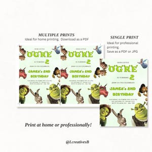Op de afbeelding: Verjaardagsfeestuitnodigingen met een groen "Ogre"-thema, met stripfiguren. De uitnodigingen zijn voor James' 2e verjaardag, met evenementdetails. De tekst onderaan luidt "Print thuis of professioneel!"