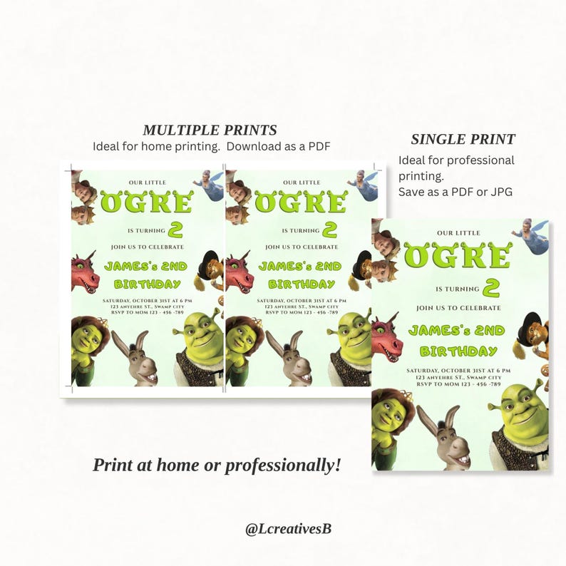 Op de afbeelding: Verjaardagsfeestuitnodigingen met een groen "Ogre"-thema, met stripfiguren. De uitnodigingen zijn voor James' 2e verjaardag, met evenementdetails. De tekst onderaan luidt "Print thuis of professioneel!"