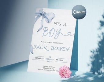 Blue Pastel Baby Sprinkle Invitation: Soft Watercolor Bow (Editable Canva Template)
