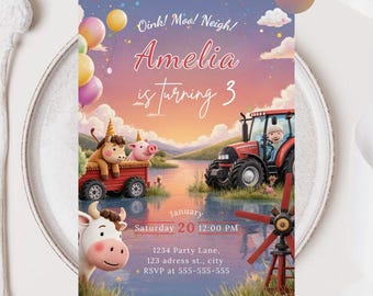 Farm Animals Birthday Invitation Template, Barnyard Party, Editable Canva Template