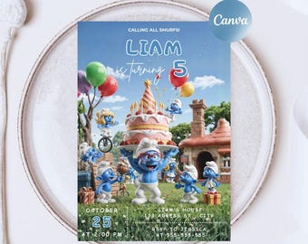 Editable Smurfs Birthday Invitation, Canva Template