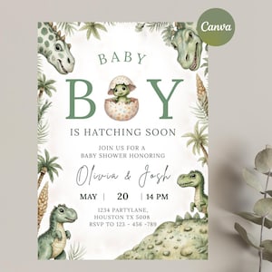 Puede incluir: Invitación a un baby shower con temática de dinosaurios. La invitación presenta ilustraciones de acuarela de dinosaurios, palmeras y el texto "Baby Boy is Hatching Soon". También se incluyen los nombres Olivia & Josh.