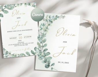 Sage Green Wedding Invitation Template: Eucalyptus Boho Design (Digital Download)
