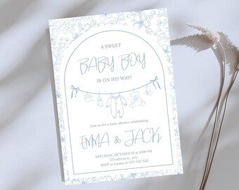 Editable Boy Baby Shower Invitation, Blue Boho Baby Clothesline Printable, Canva Template