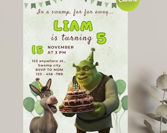 Invitación de cumpleaños de Shrek, fiesta de cumpleaños en el pantano, plantilla editable de Canva