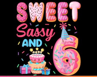 Słodka, zuchwała i szósta urodzinowa dziewczynka z pączkiem, dekoracja na rodzinne przyjęcie w formacie PNG.