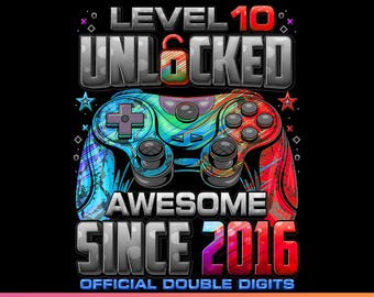 Level 10 Unlocked Gamer Birthday PNG, 10th Birthday Boy Video Game Party Design download.