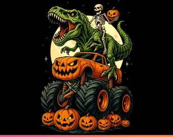 Puede incluir: Ilustración digital con un camión monstruo temático de Halloween con un cuerpo de calabaza, neumáticos grandes y un T-Rex verde que lleva un esqueleto. La imagen incluye el texto "DIGITAL DOWNLOAD PNG HIGH QUALITY" sobre un fondo degradado rosa y negro.