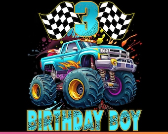 Chłopiec z Monster Truck 3rd Birthday PNG, urodzony w 2023 roku (pobranie cyfrowe)