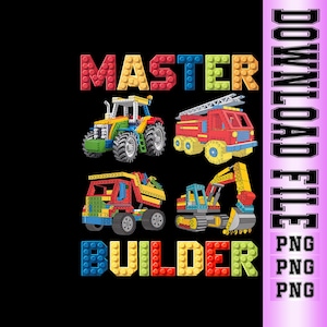 May include: A black background features the words "MASTER BUILDER" in colorful block letters. Four toy vehicles, including a tractor, fire truck, dump truck, and excavator, are also constructed from colorful blocks.