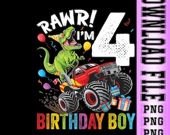 Dinozaur Monster Truck 4. urodziny chłopca PNG (pobieranie cyfrowe)