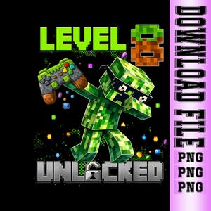 Puede incluir: Ilustraci&oacute;n digital de un personaje verde pixelado sosteniendo un mando de videojuegos. El texto "LEVEL 8 UNLOCKED" se muestra en verde y gris. La imagen tiene un fondo negro y un gr&aacute;fico "DOWNLOAD FILE".