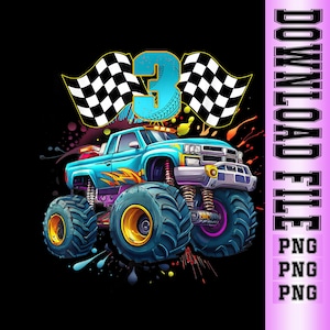Könnte beinhalten: Eine lebendige Illustration eines Monstertrucks mit der Zahl "3" und karierten Flaggen. Der Truck ist blau mit gelben und orangefarbenen Akzenten, großen Reifen und einer lila Federung. Der Hintergrund ist schwarz mit bunten Farbspritzern.