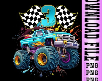 May include: A colourful illustration of a monster truck with the number "3" and chequered flags. The truck is blue with yellow and orange accents, large tyres, and a purple suspension. The background is black with colourful paint splatters.