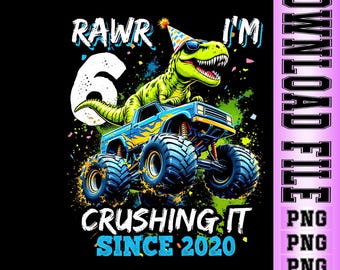 6. urodziny dinozaura Monster Truck PNG, miłośnik T-Rexa (pobieranie cyfrowe)