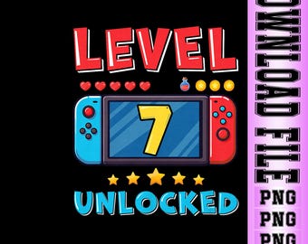 Nivel 7 desbloqueado png, descarga digital para cumpleaños de niño/niña gamer de 7 años