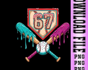 Baseball Ice Cream Drip 67 PNG, Player 67th Birthday PNG, Retro Baseball Number 67 Design, Fun Sports Birthday Digital Download.