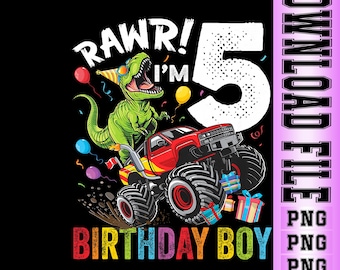 5. urodziny chłopca z dinozaurem Monster Truck PNG, projekt urodzinowy ciężarówki z dinozaurem, cyfrowe pobieranie urodzin dla dzieci
