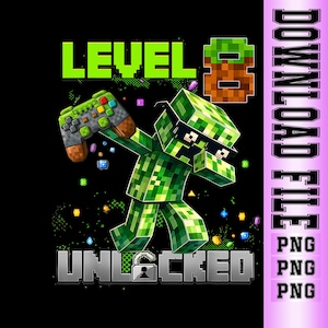 Puede incluir: Ilustraci&oacute;n digital de un personaje verde pixelado sosteniendo un mando de videojuegos. El texto "LEVEL 8 UNLOCKED" se muestra en verde y gris. La imagen tiene un fondo negro y un gr&aacute;fico "DOWNLOAD FILE".