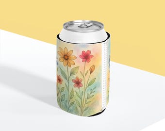 Watercolor Wildflowers Can Cooler Sleeve | Floral Beverage Insulator