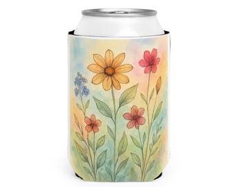 Funda enfriadora de latas con diseño de flores silvestres en acuarela / Aislante floral para bebidas