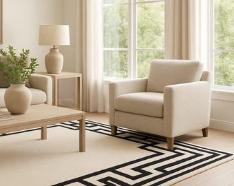 Hand Tufted Wool Rug, Black Geometric Border, Modern Beige Carpet