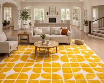 Hand Tufted Wool Rug, Modern Mustard Geometric Arch, Mid Century Floor Decor