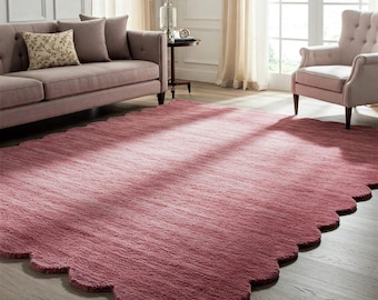 Alfombra de lana tejida a mano: borde festoneado rosa, moderna