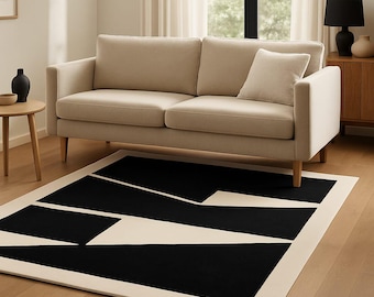 Alfombra de lana tejida a mano / Diseño geométrico moderno en blanco y negro