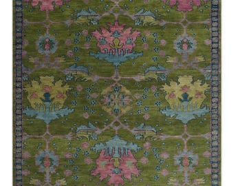 Hand Knotted Wool Oushak Rug, Turkish Style Floral Carpet, Boho Living Room Decor