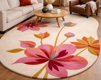 Hand Tufted Wool Floral Rug, Modern Pink Orange Flower Area Carpet